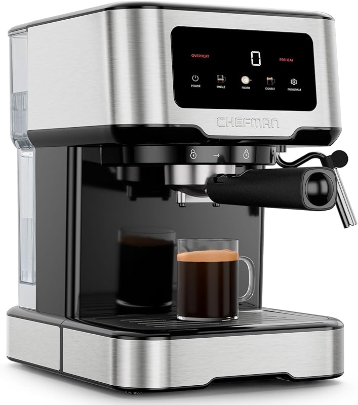Chefman CraftBrew 15-Bar Digital Espresso Machine with Steam Wand, Com