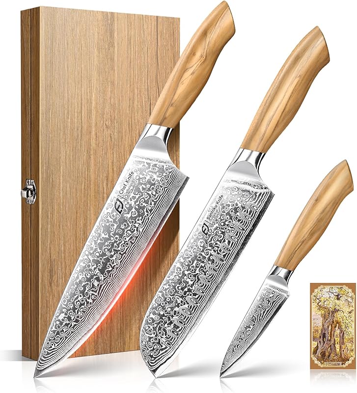 Emojoy 3-Piece Japanese Damascus Chef Knife Set, 67-Layer Kitchen Kniv