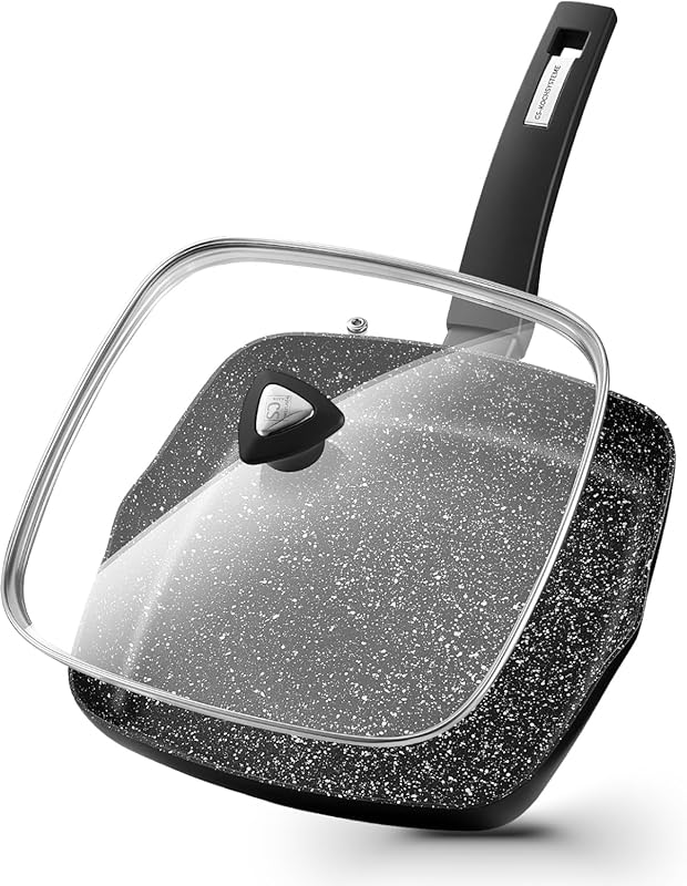 KOCH SYSTEME CS 11-Inch Nonstick Grill Pan with Lid, Marble Coating Sq