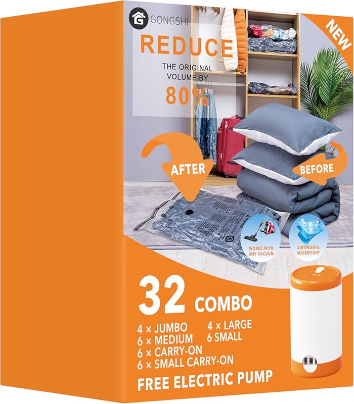 GONGSHI 32 Pack Vacuum Storage Bags with Electric Pump: Space Saver fo
