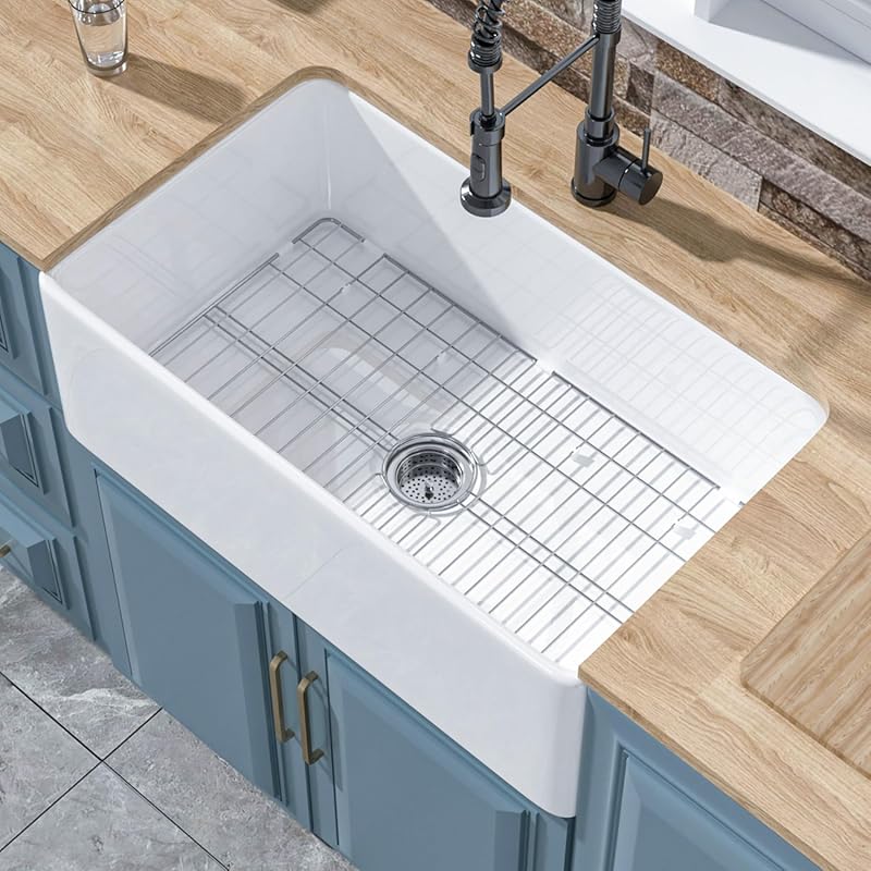 White 30x18 Inch Fireclay Farmhouse Kitchen Sink, Apron Front Undermou