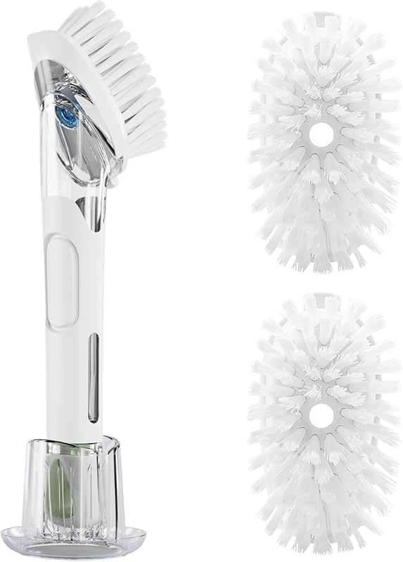 RIMAY White Dish Brush with Soap Dispenser Storage Set, Includes 2 Ref