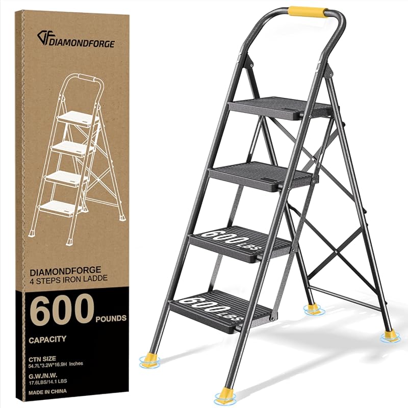 4-Step Foldable Ladder Stool with Handrails for Home & Kitchen, 600 lb