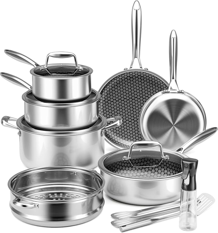 VONIKI Hybrid Tri-ply Stainless Steel Cookware Set, Nonstick, Inductio