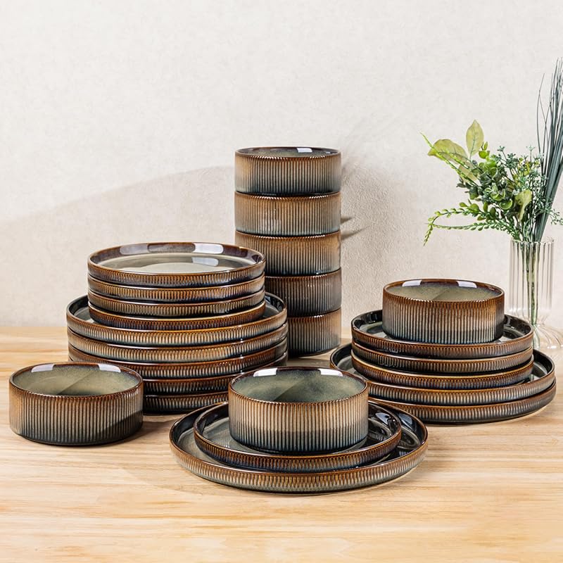 TheTerra 24-Piece Ceramic Dinnerware Set for 8, Lightweight Speckled,