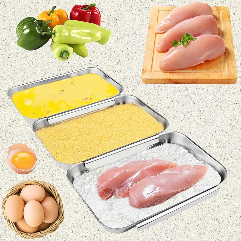 3-Piece Stainless Steel Breading Set: Interlocking Trays for Chicken,
