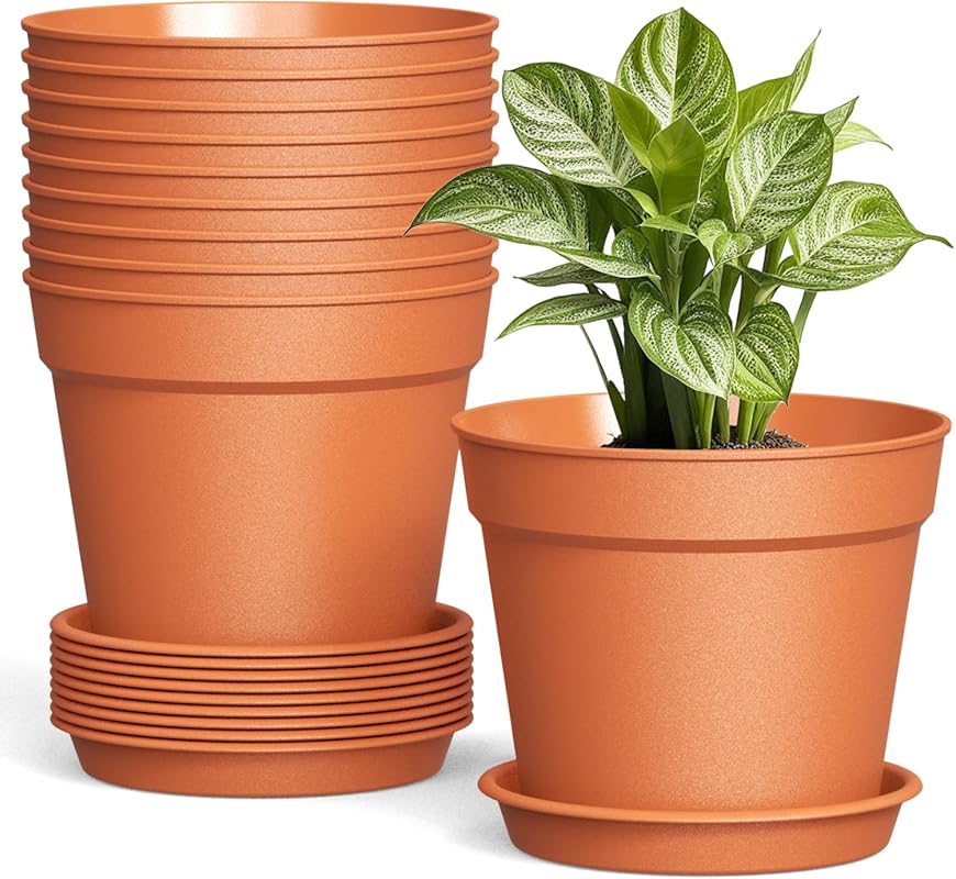 10 Pack 6-inch Terracotta Plastic Nursery Planters with Drainage and S