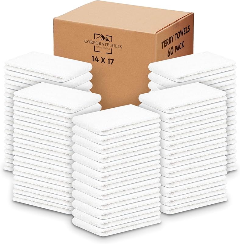Terry Bar Mop Towels - 60 Pack White 14x17 Cotton Super Absorbent Reus