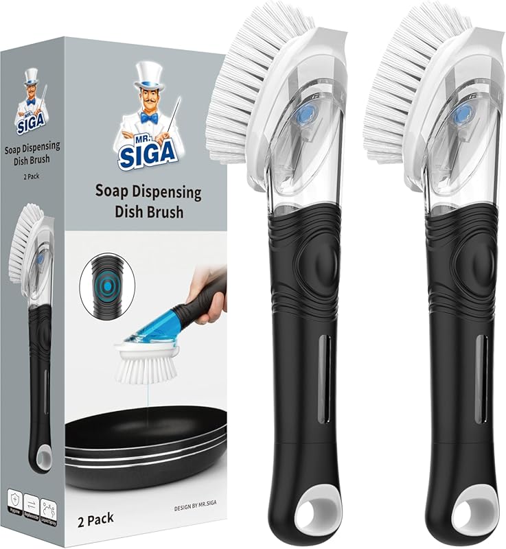MR.SIGA Black Soap Dispensing Dish Brush, 2-Pack for Pot, Pan, and Sin