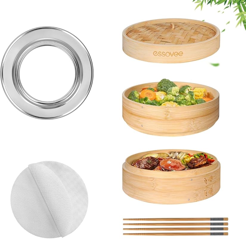10-Inch 2-Tier Bamboo Steamer Basket Kit with Silicone Liner, Chopstic