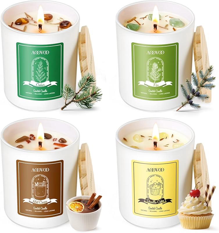 AOOVOO 4 Pack Holiday Aromatherapy Scented Candles with Crystals, 28oz