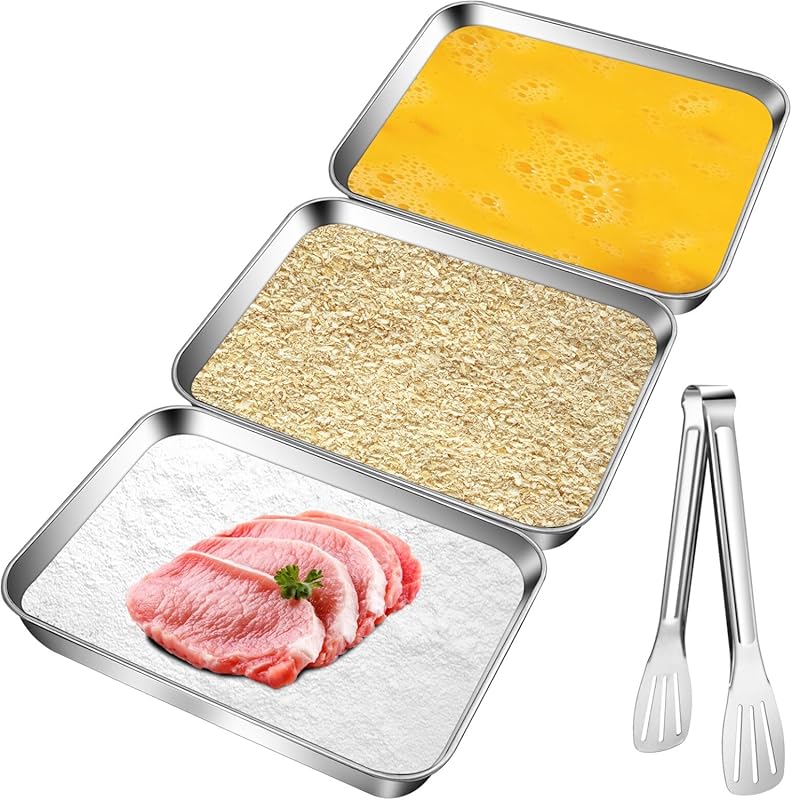 Set of 3 Stainless Steel Breading Pans with Tong: Dredging & Marinatin