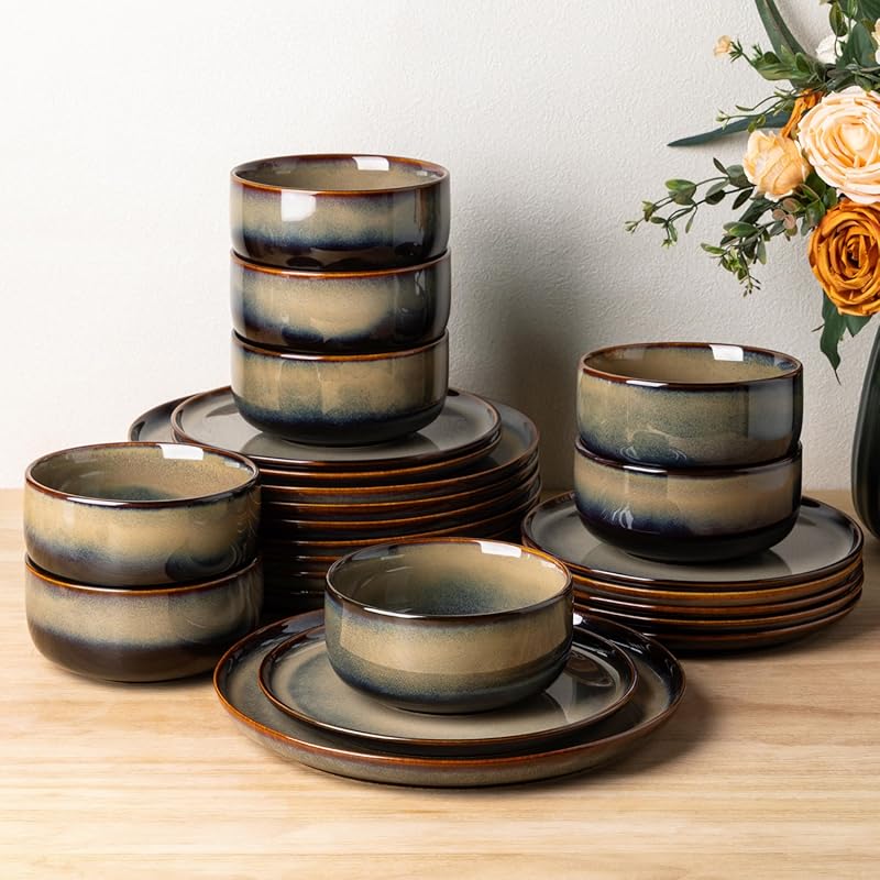 TheTerra 24-Piece Ceramic Dinnerware Set for 8, Handmade Reactive Glaz