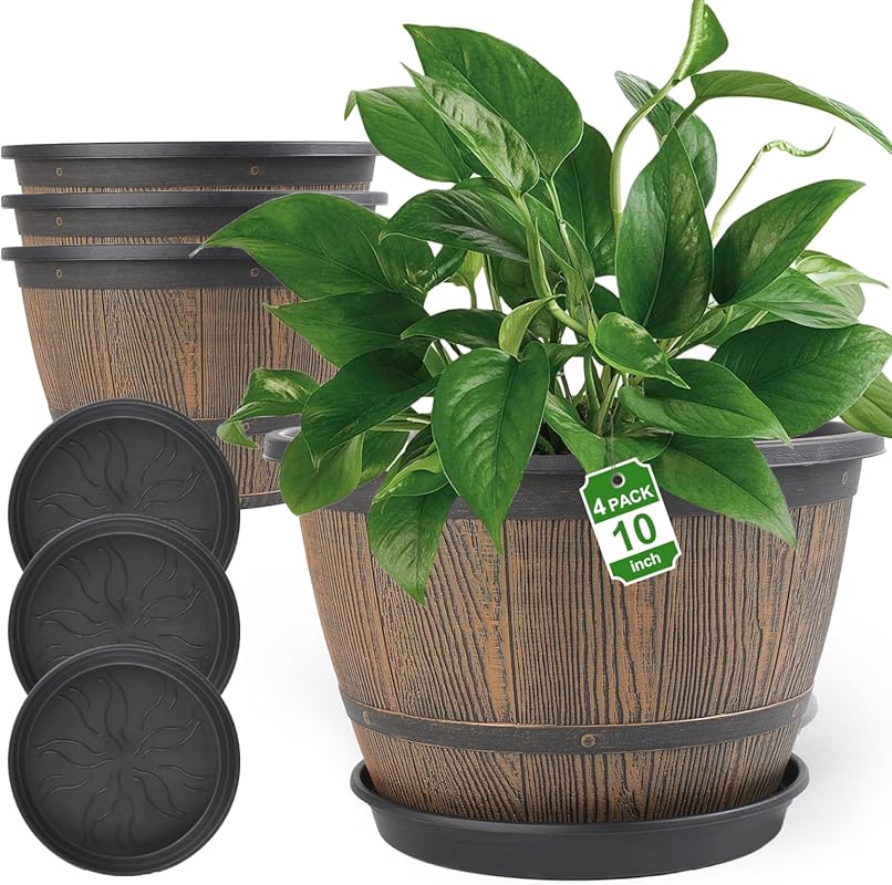 4 Pack 10-inch Plastic Whiskey Barrel Planters with Drainage Holes, Sa