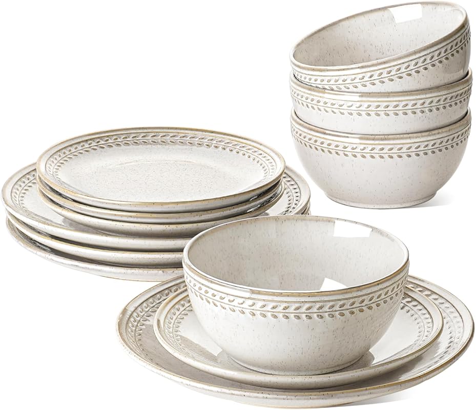 LE TAUCI 12-Piece Ceramic Dinnerware Set for 4, Reactive Beige, Oven,