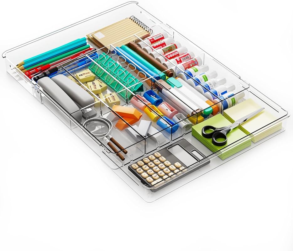 Yieach Large Expandable Clear Desk Drawer Organizer Tray with 12 Adjus