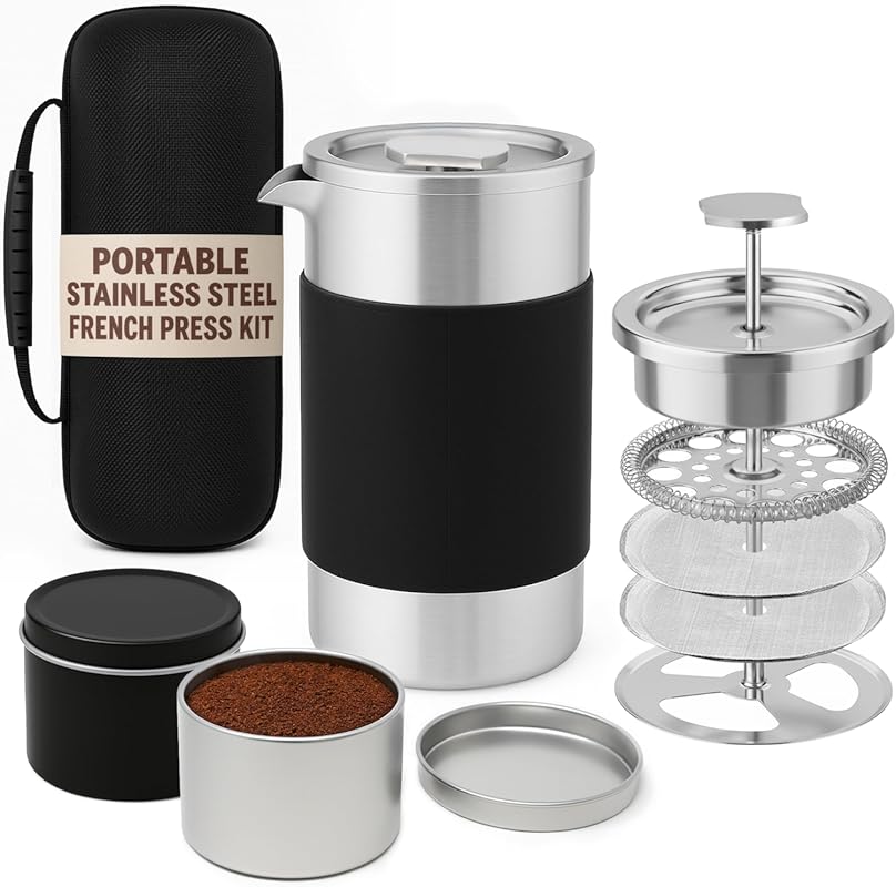 Portable 12oz Travel French Press Coffee Maker Set, Double Wall Insula