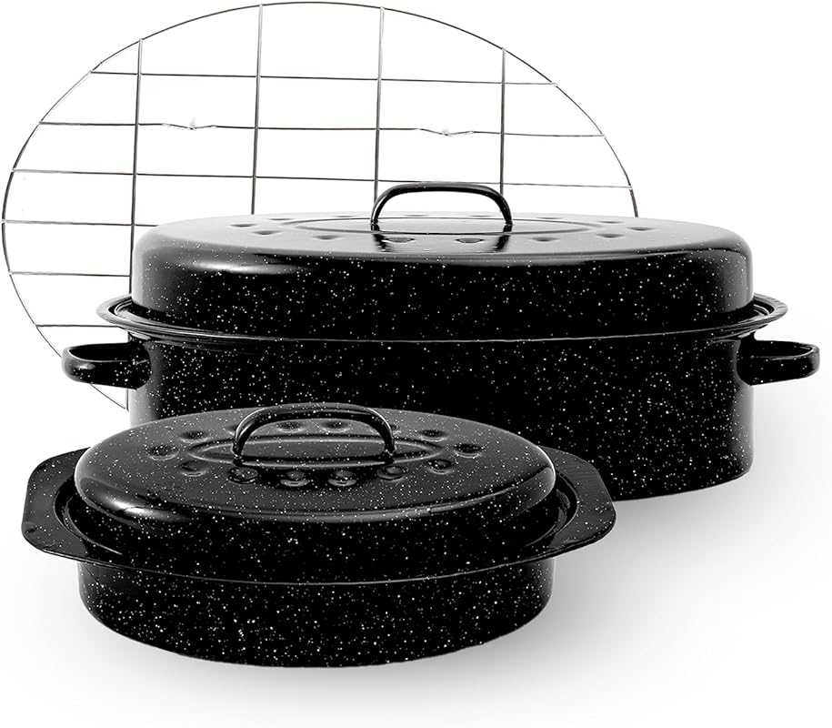 Enamel Granite Roasting Pan Set with Lid, Rack (13