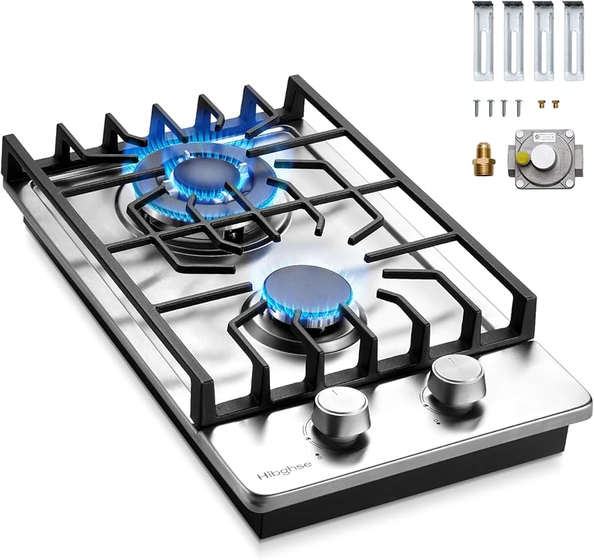 Hibghse 12-inch Built-in Gas Cooktop, 2 Burner, NG/LPG Convertible Sta