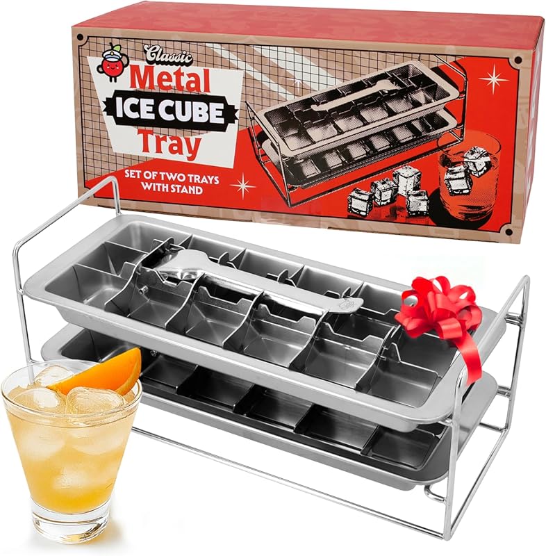 Classic Stainless Steel Double Ice Cube Trays with Lever & Stand – 36-