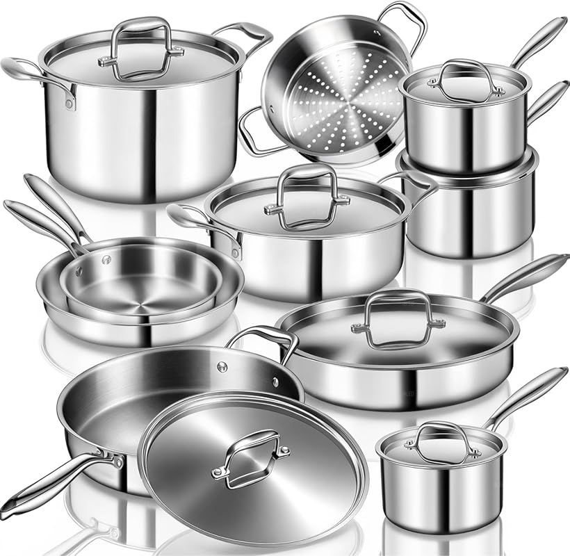 EWFEN 17-Piece 3-Ply Stainless Steel Cookware Set: Oven & Dishwasher S