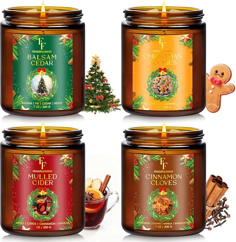 4 Pack Christmas Scented Natural Soy Candles for Home, Holiday Gift Se