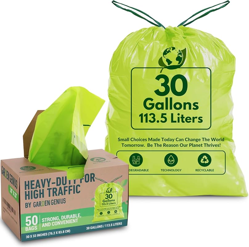 Biodegradable 30 Gallon Drawstring Trash Bags, Heavy Duty Leak-Proof, 