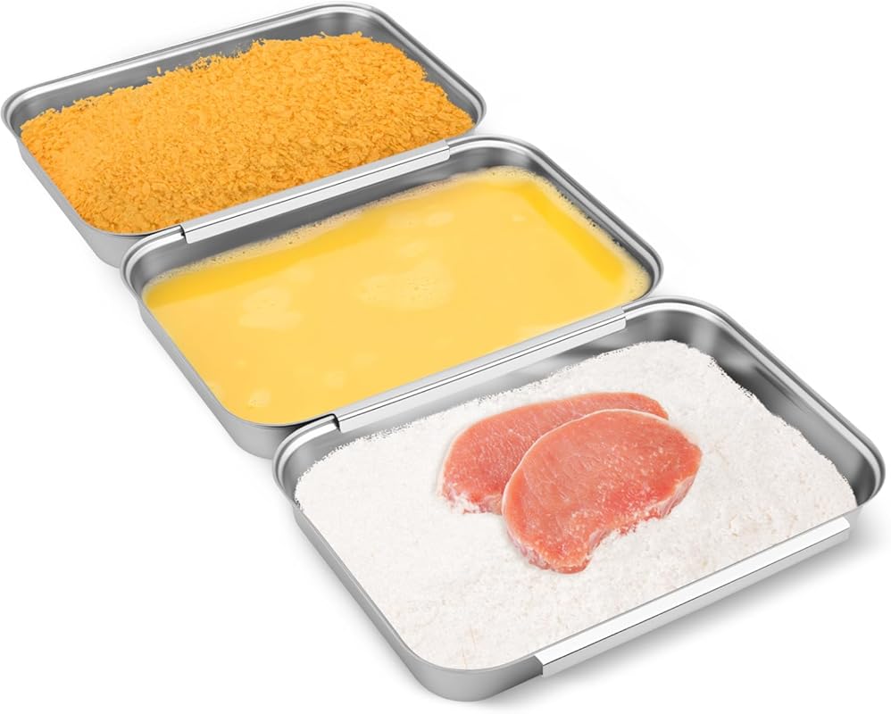 Set of 3 Interlocking Stainless Steel Breading Trays for Dredging, Mar