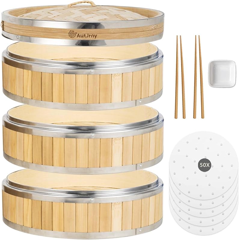 11.8-Inch 3-Tier Vertical Bamboo Steamer Basket with Liners, Sauce Dis