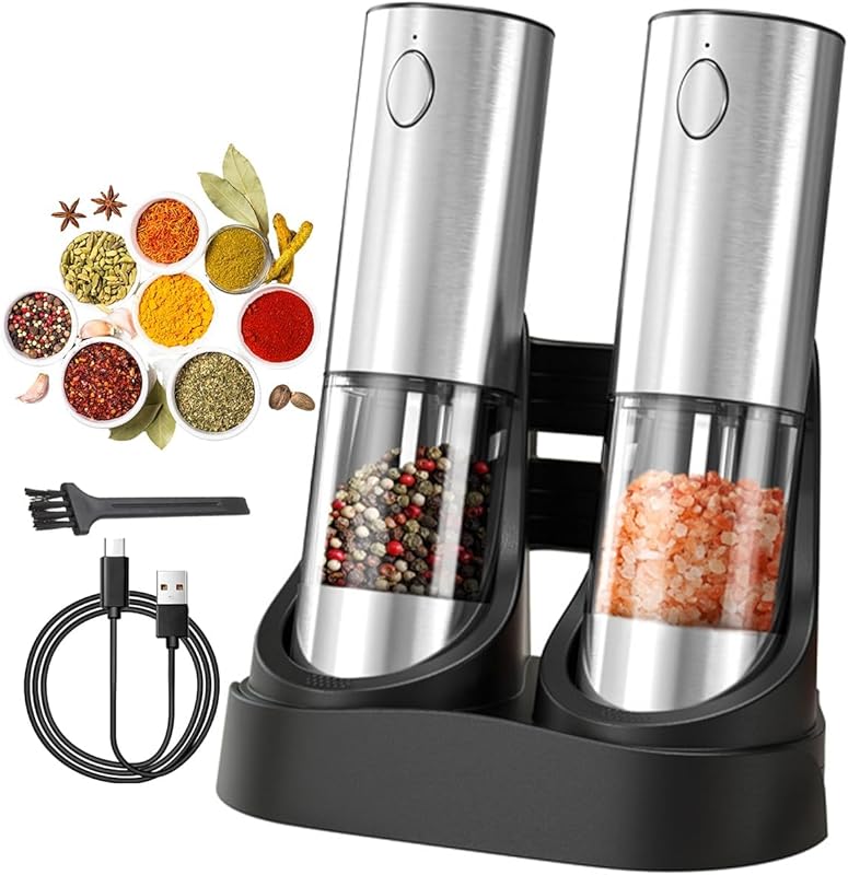 Rechargeable Automatic Stainless Steel Salt & Pepper Grinder Set, LED,