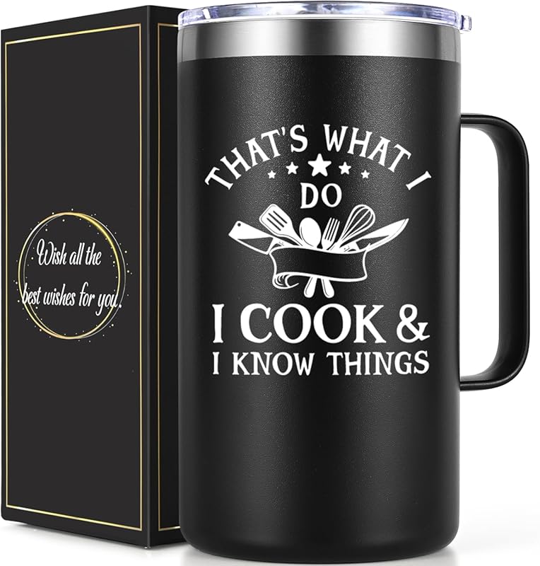 Qtencas 20oz Insulated Coffee Mug, Black Chef Gift for Men, Perfect Cu
