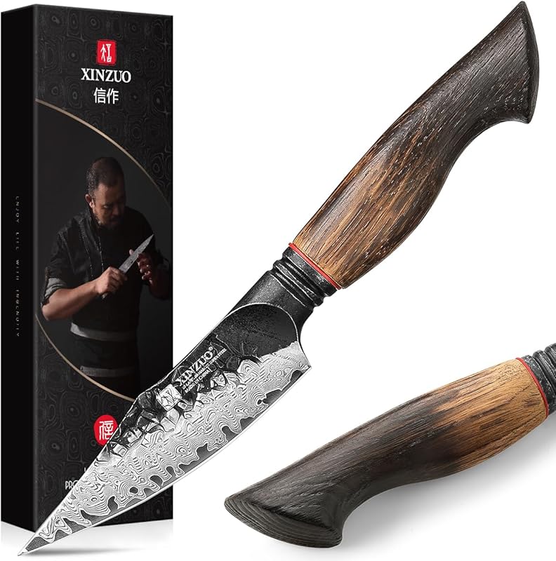 XINZUO 4.2 Inch Paring Knife: Razor Sharp Hand-Forged Damascus Steel B