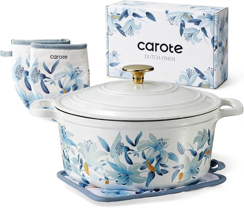 CAROTE 5 QT Enameled Floral Cast Iron Dutch Oven Pot