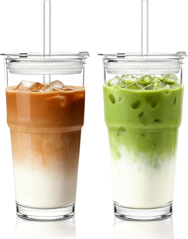 INSETLAN Set of 2, 20oz Clear Glass Tumblers with Lids & Glass Straws 