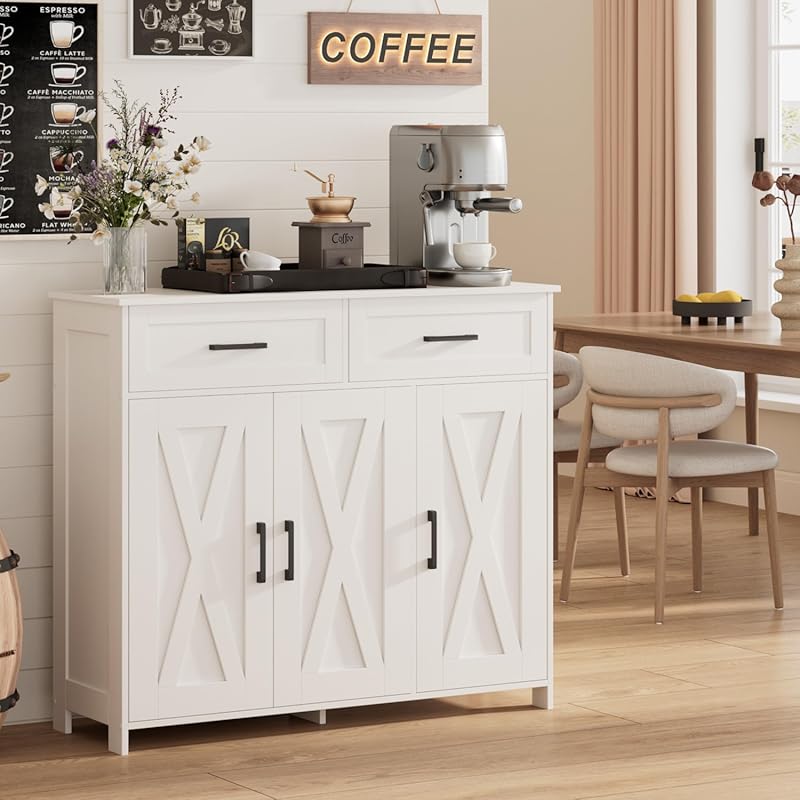Homhedy Farmhouse Sideboard Buffet Cabinet, Coffee Bar Storage with Dr