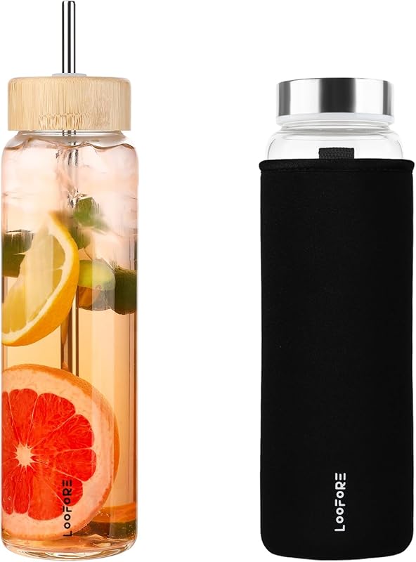 32 oz Borosilicate Glass Water Bottle with Straw, 2 Lids & Neoprene Sl