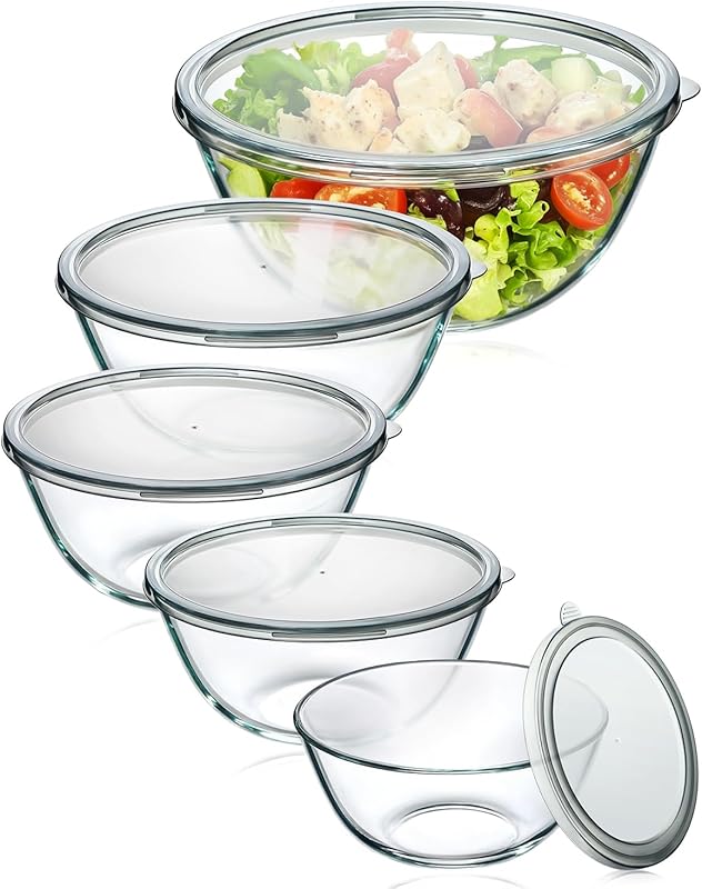 Thick Glass Mixing Bowls Set with Lids, 5-Piece Nesting for Baking & S