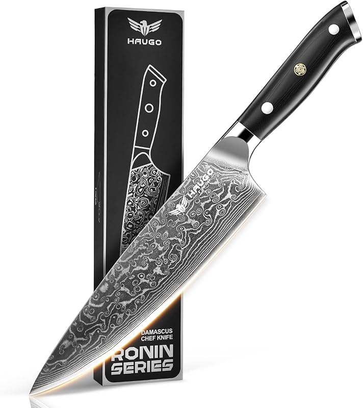 Haugo Ronin Series 8-Inch Damascus Chef Knife, Japanese VG10 Steel, Fu