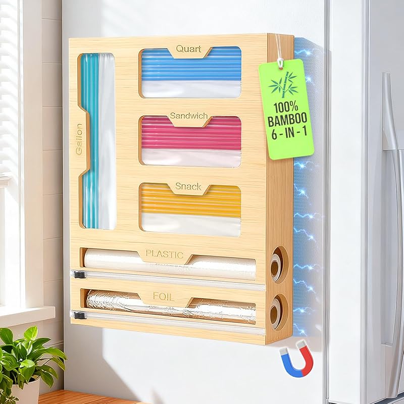 Magnetic 6-in-1 Bag Organizer for Fridge/Drawer; Foil, Wrap Cutter & A