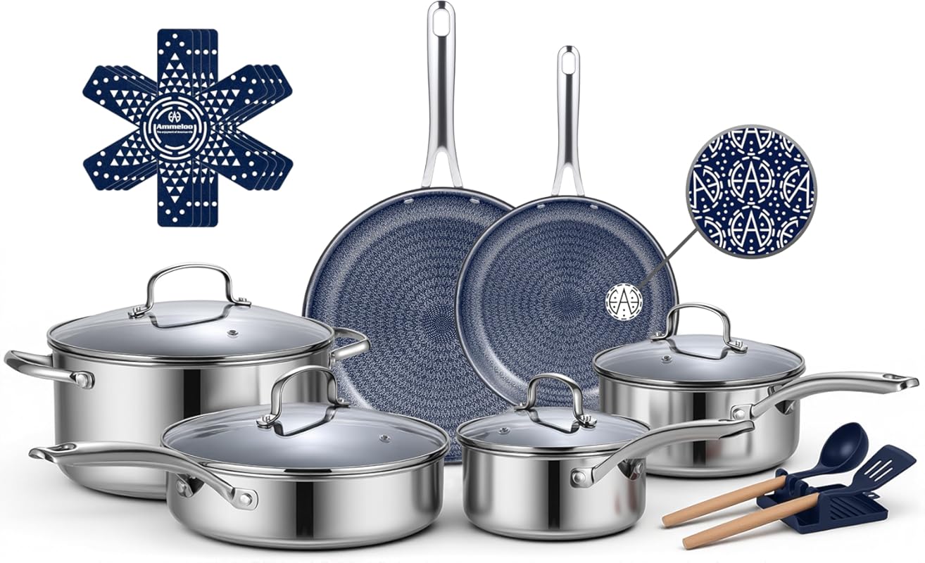 Ammeloo Hybrid 17-Piece Tri-Ply Stainless Steel Cookware Set, Non-Stic