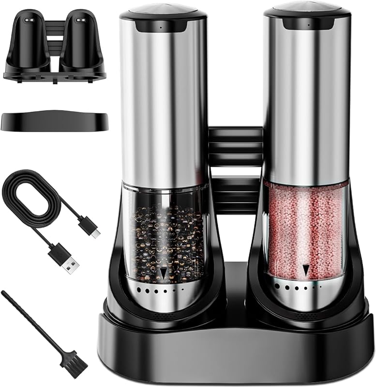 Automatic Electric Salt & Pepper Grinder Set, Rechargeable Base, Large