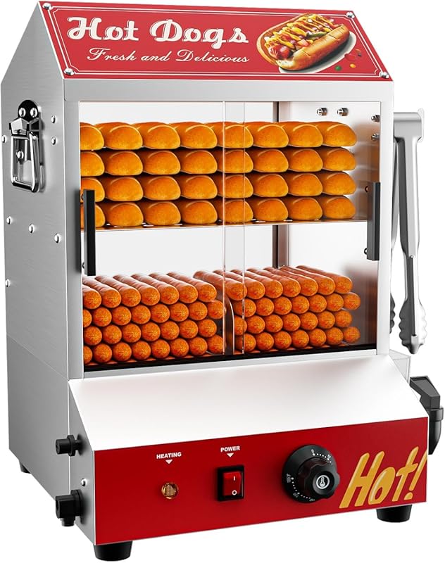 Electric 2-Tier Hot Dog Steamer with Bun Warmer, 31.7QT, Adjustable Te
