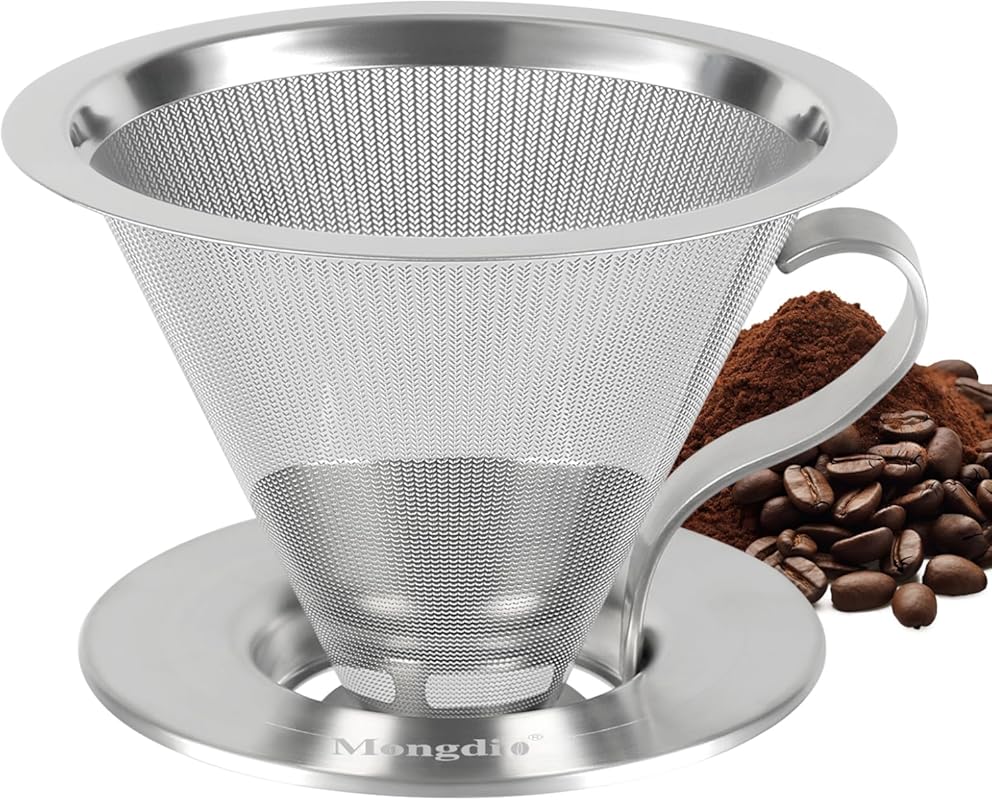Mongdio Stainless Steel Pour Over Coffee Dripper, Reusable Metal Doubl