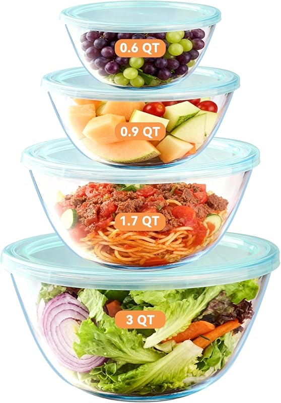 YUANYE 4-Pack Thick Glass Mixing Bowls with Lids, Nesting for Prepping