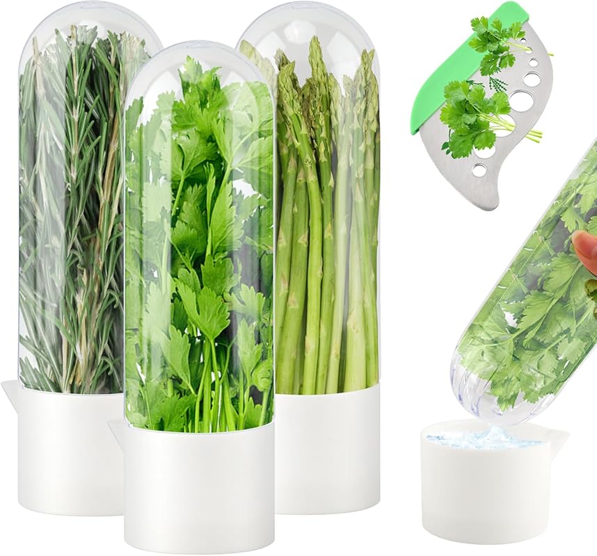 3-Piece Herb Keeper for Refrigerator with Stripper - Keep Cilantro & M