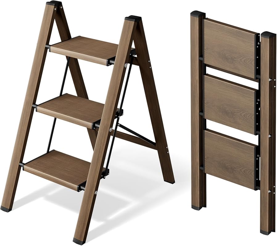 HillhutApex 3-Step Folding Ladder Stool, Lightweight Aluminum, Wide An