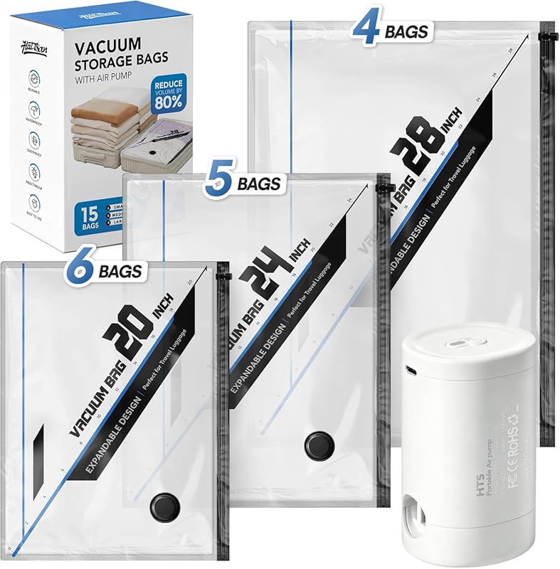 15 Pcs Vacuum Storage Bags with Rechargeable Pump: Space Saver for Clo