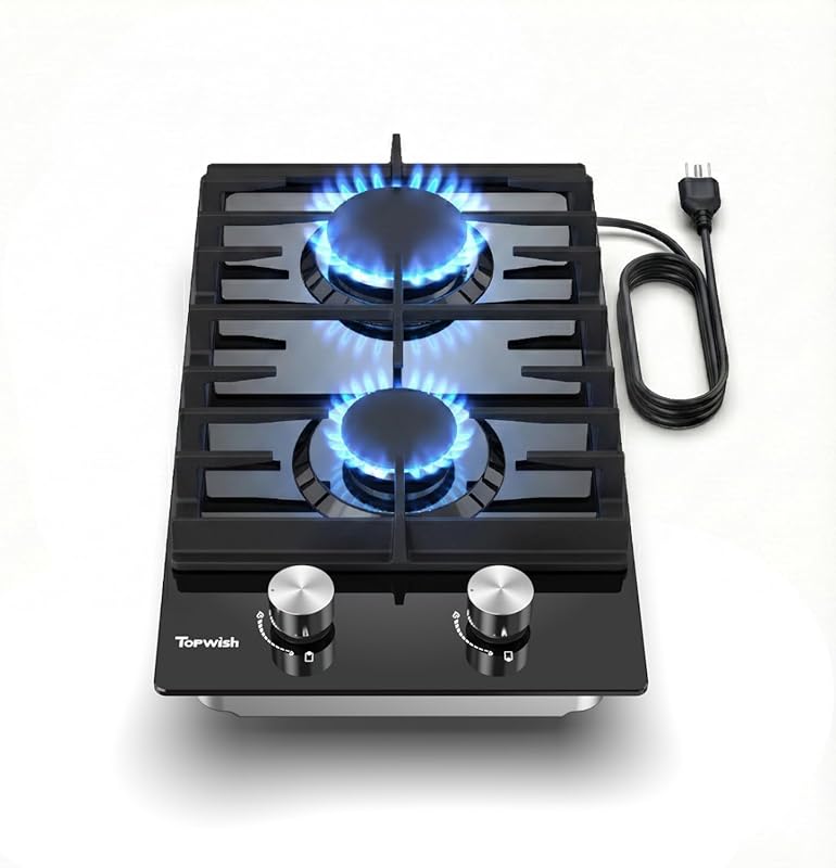 12-inch Built-in Gas Cooktop, 2 Burner, Black Tempered Glass, LPG/NG C