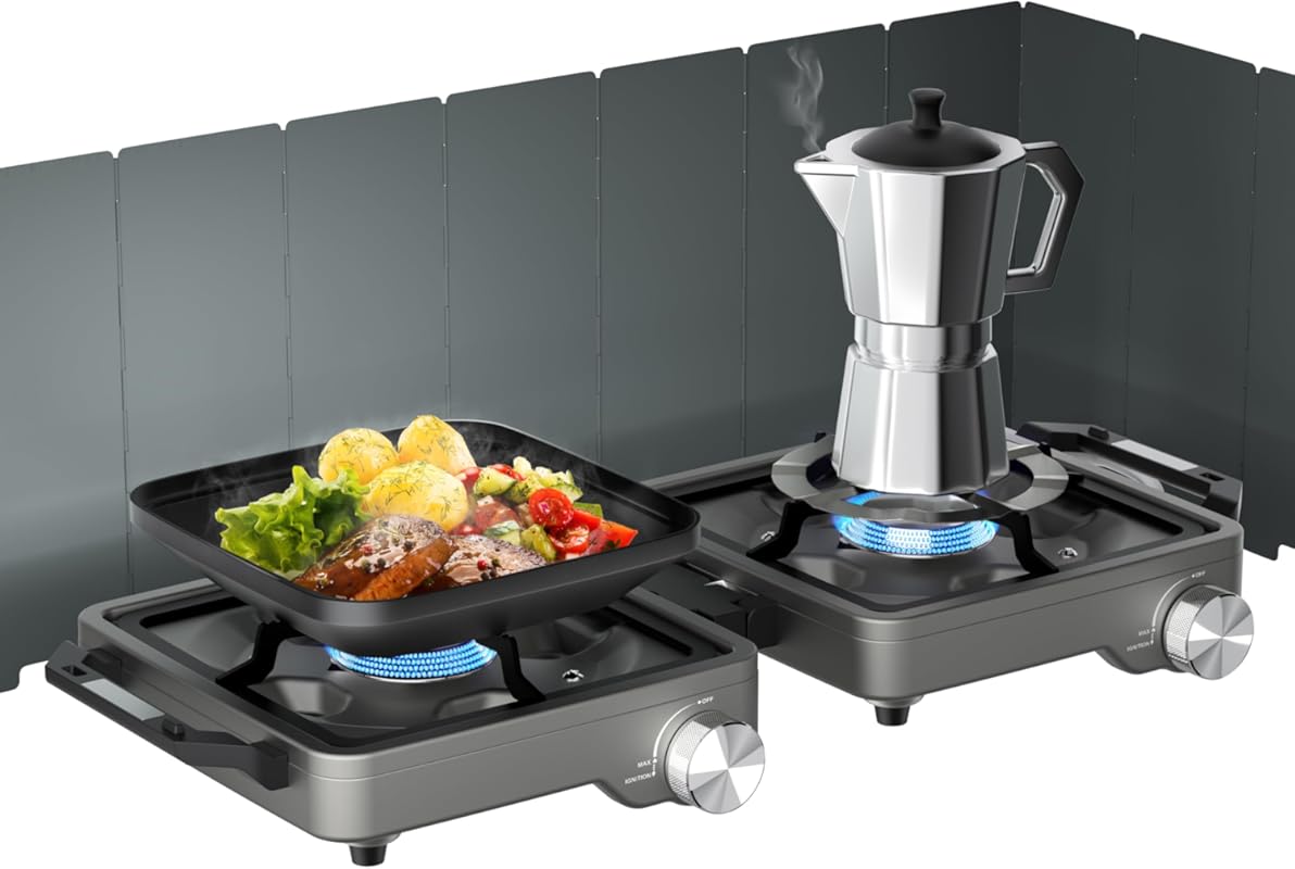 Portable Propane 2 Burner Camping Stove, 27,000 BTU with Windshield, A