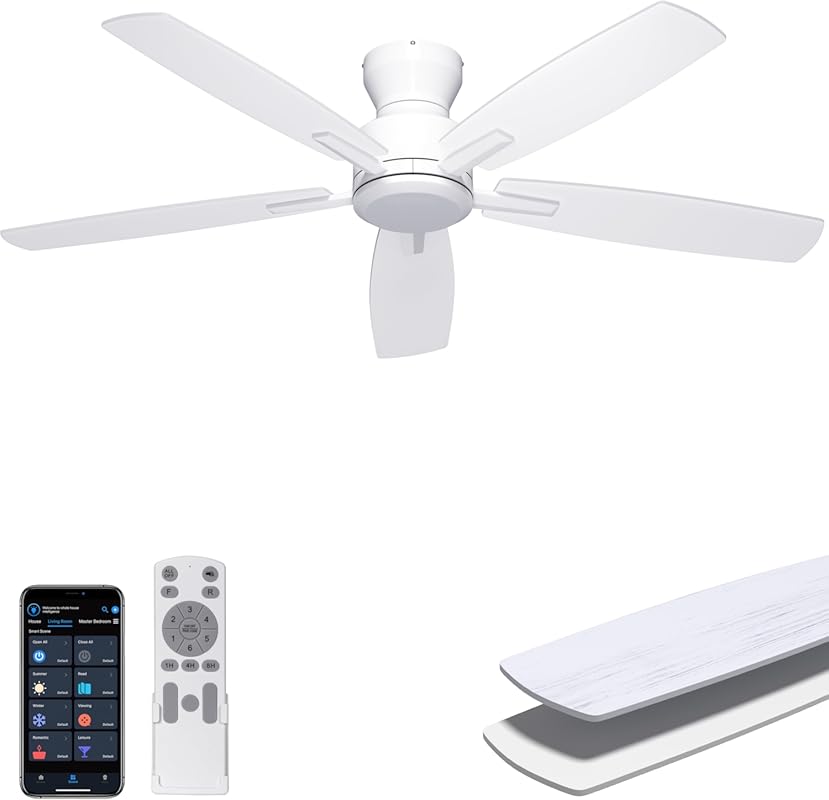 Ohniyou 52 Inch Low Profile Ceiling Fan No Light, Remote & App Control